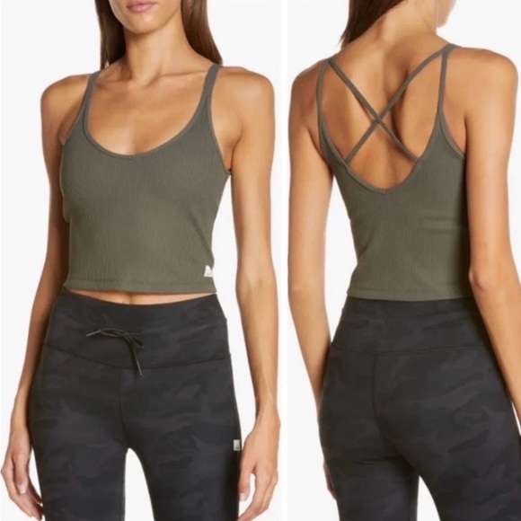 Vuori Tops - Vuori Rib Crop Tank Top Oregano Green Built in Bra
